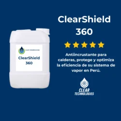 Bidón de ClearShield 360, inhibidor de incrustaciones avanzado para calderas en Peru, por Clear Technologies SAC.