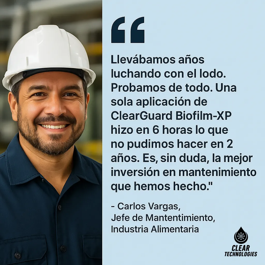 Testimonio de cliente satisfecho con la limpieza de su torre de enfriamiento con ClearGuard Biofilm-XP