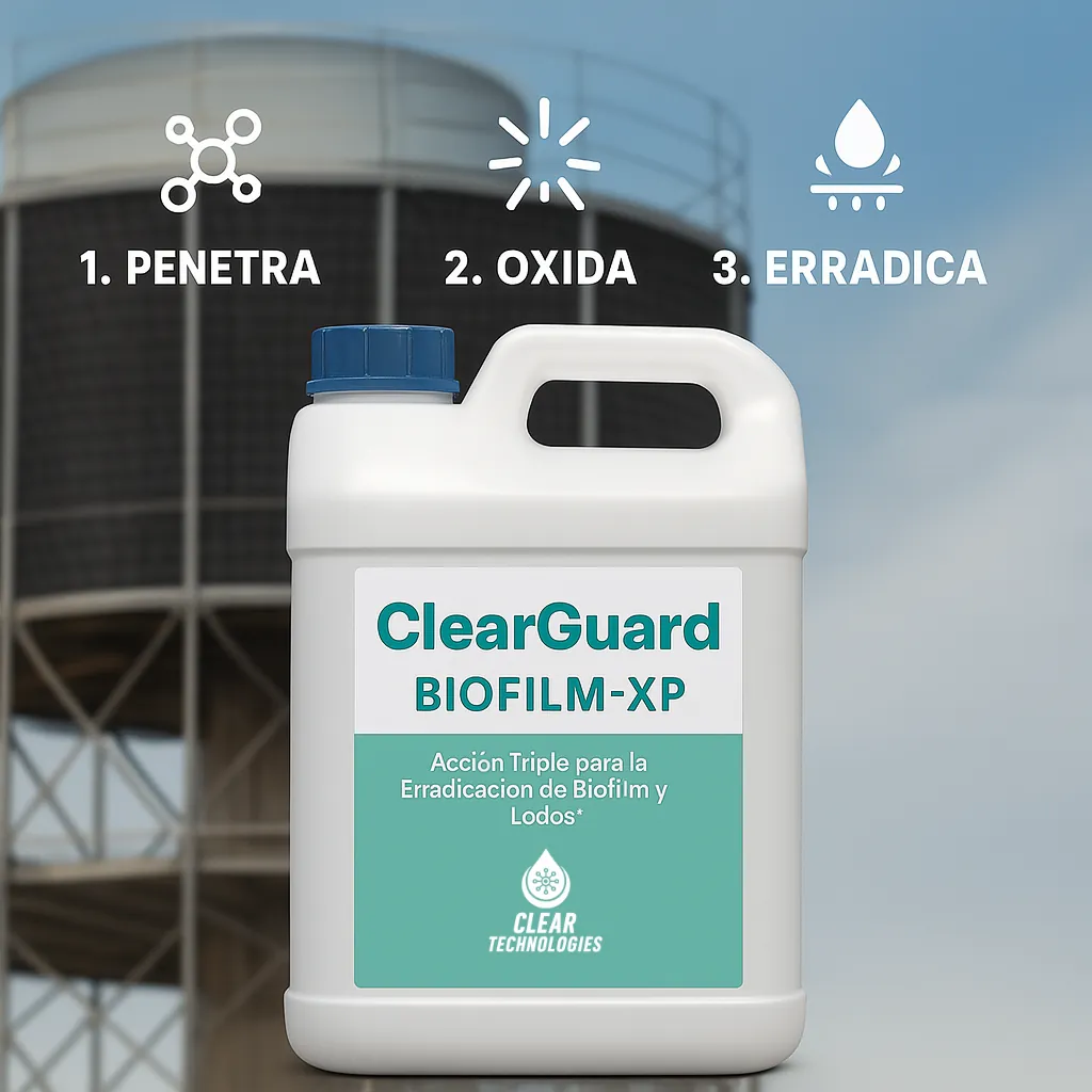 El Producto ClearGuard Biofilm-XP con su tecnología de triple acción para limpieza de torres de enfriamiento.
