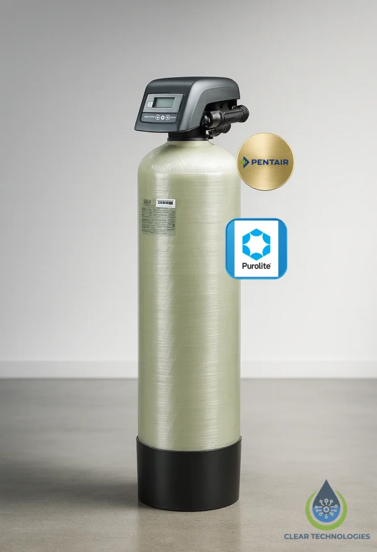 Ablandador industrial automático ClearSoft IS-2000-PNT-SX con válvula Pentair, resina Purolite y tanque de salmuera de 100 litros en peru