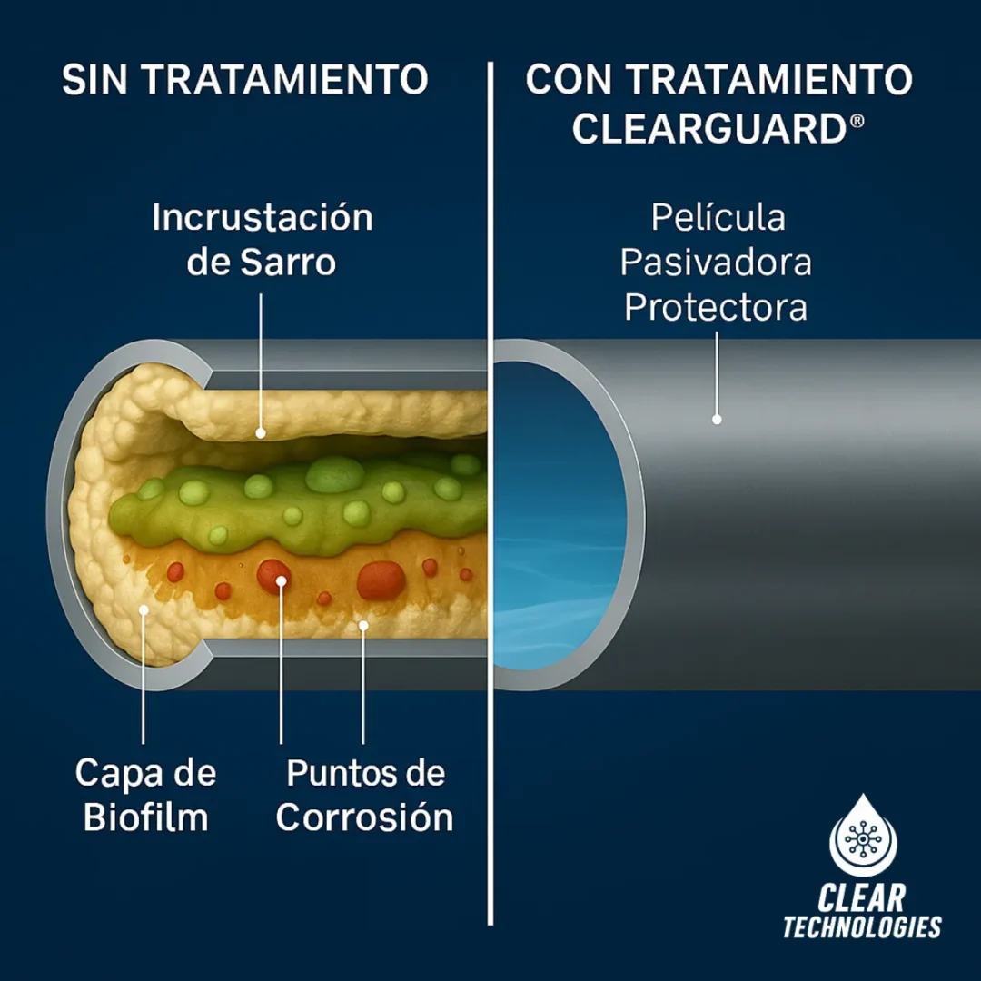 Diagrama que compara una tubería sin tratamiento químico, llena de sarro y corrosión, con una tubería limpia y protegida por el tratamiento ClearGuard.