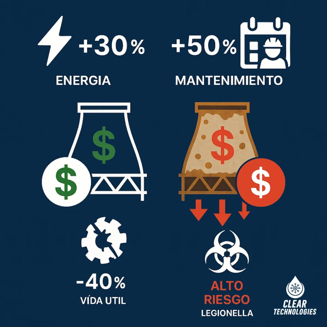 Infografía sobre el impacto económico de no usar un tratamiento químico para torres de enfriamiento, detallando el aumento en costos de energía y mantenimiento.