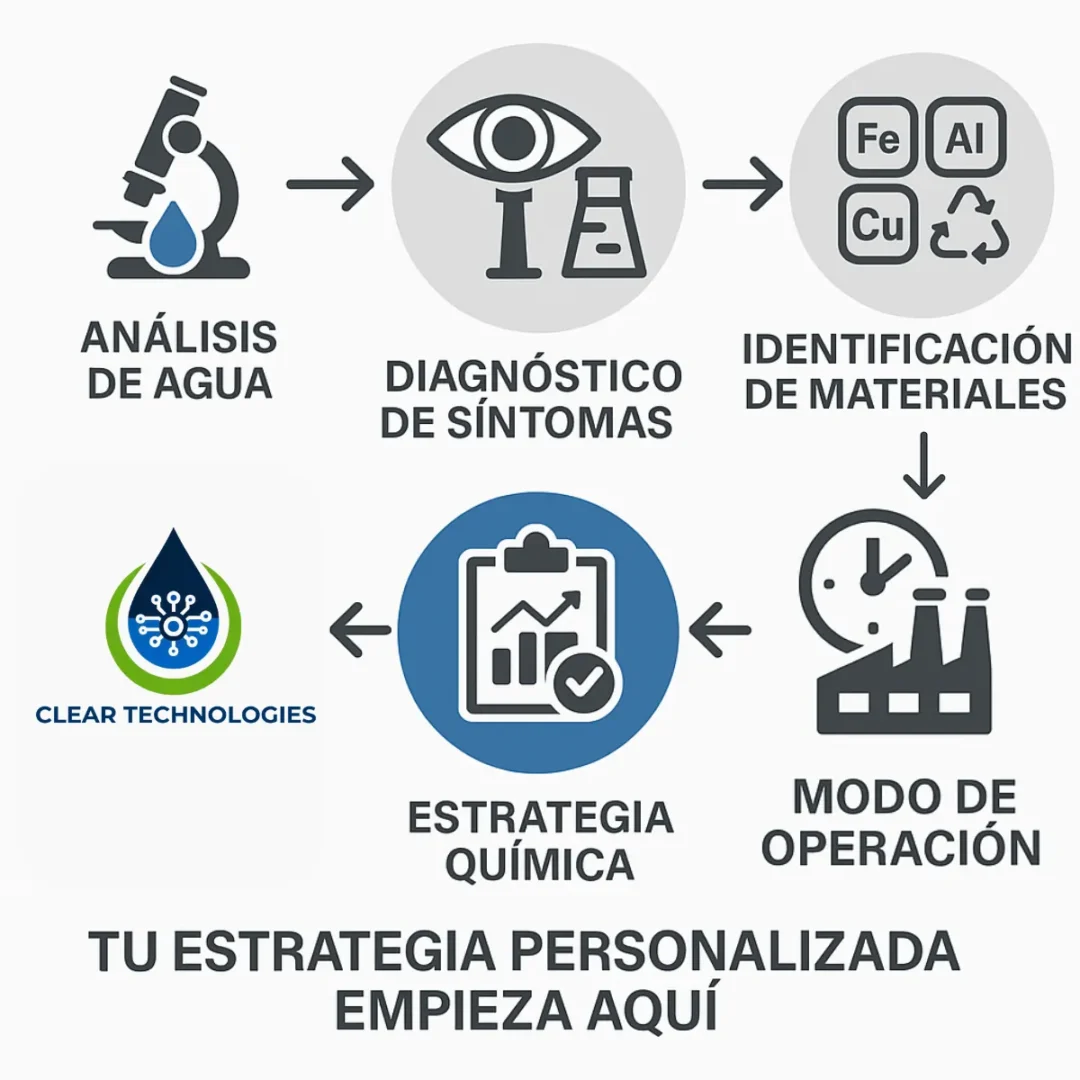 Infografía que detalla el proceso en 5 pasos para un tratamiento químico personalizado: 1. Análisis de agua, 2. Diagnóstico de síntomas, 3. Identificación de materiales, 4. Modo de operación, y 5. Estrategia química.