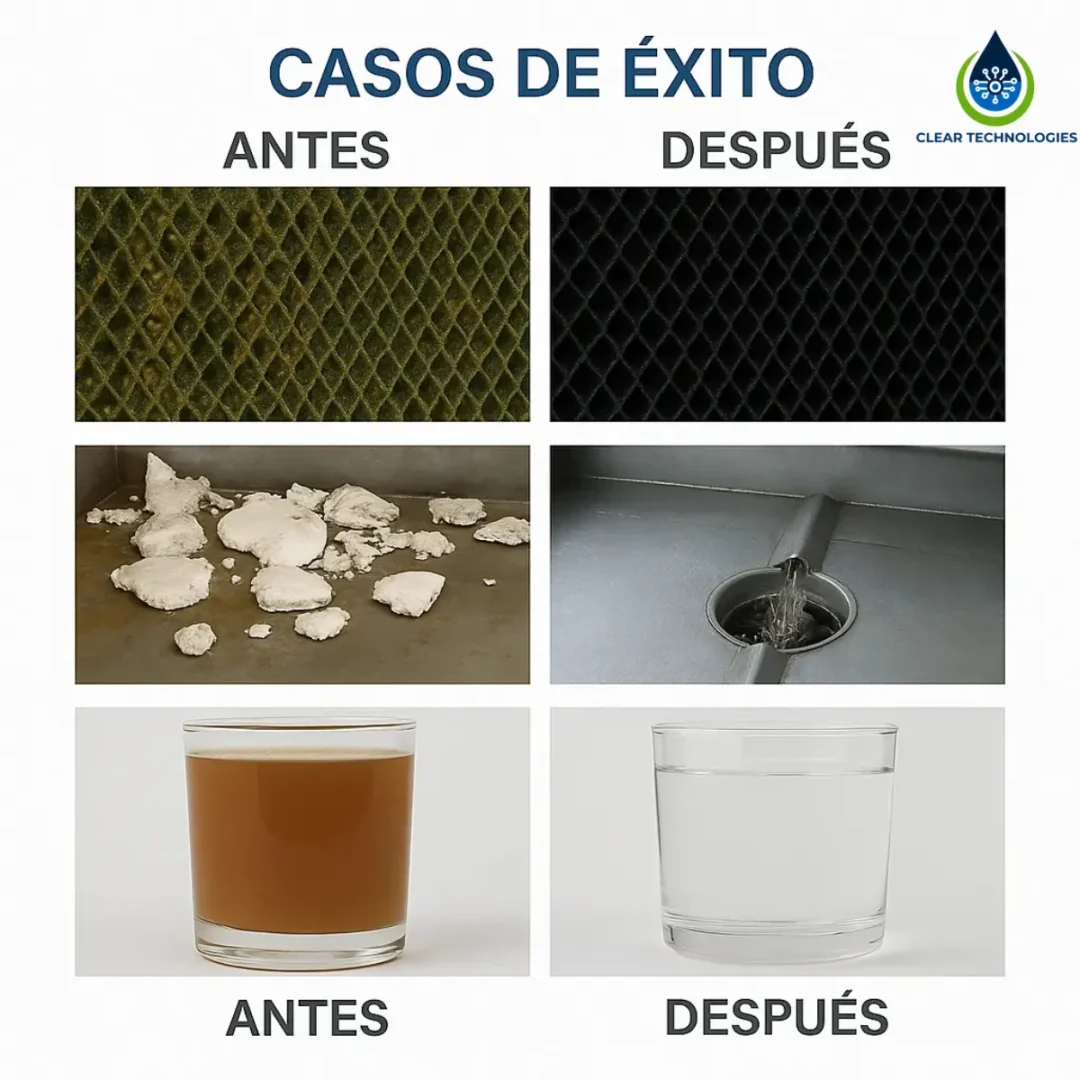 fotos de antes y después que muestra los resultados de un tratamiento químico para torre de enfriamiento: eliminación de biofilm, disolución de sarro y clarificación de agua marrón.