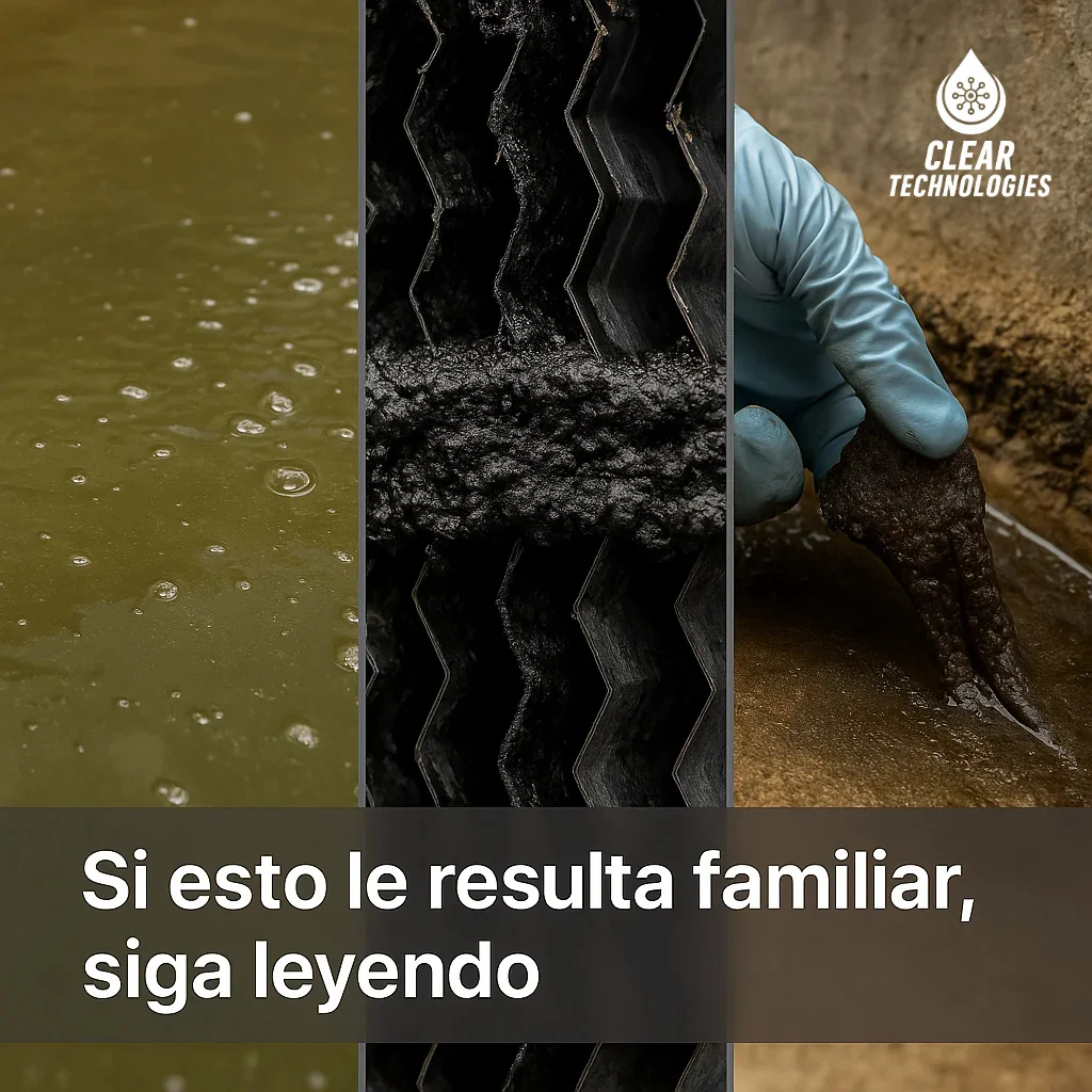 torre de enfriamiento verdosa con algas, lodo y contaminacion organica