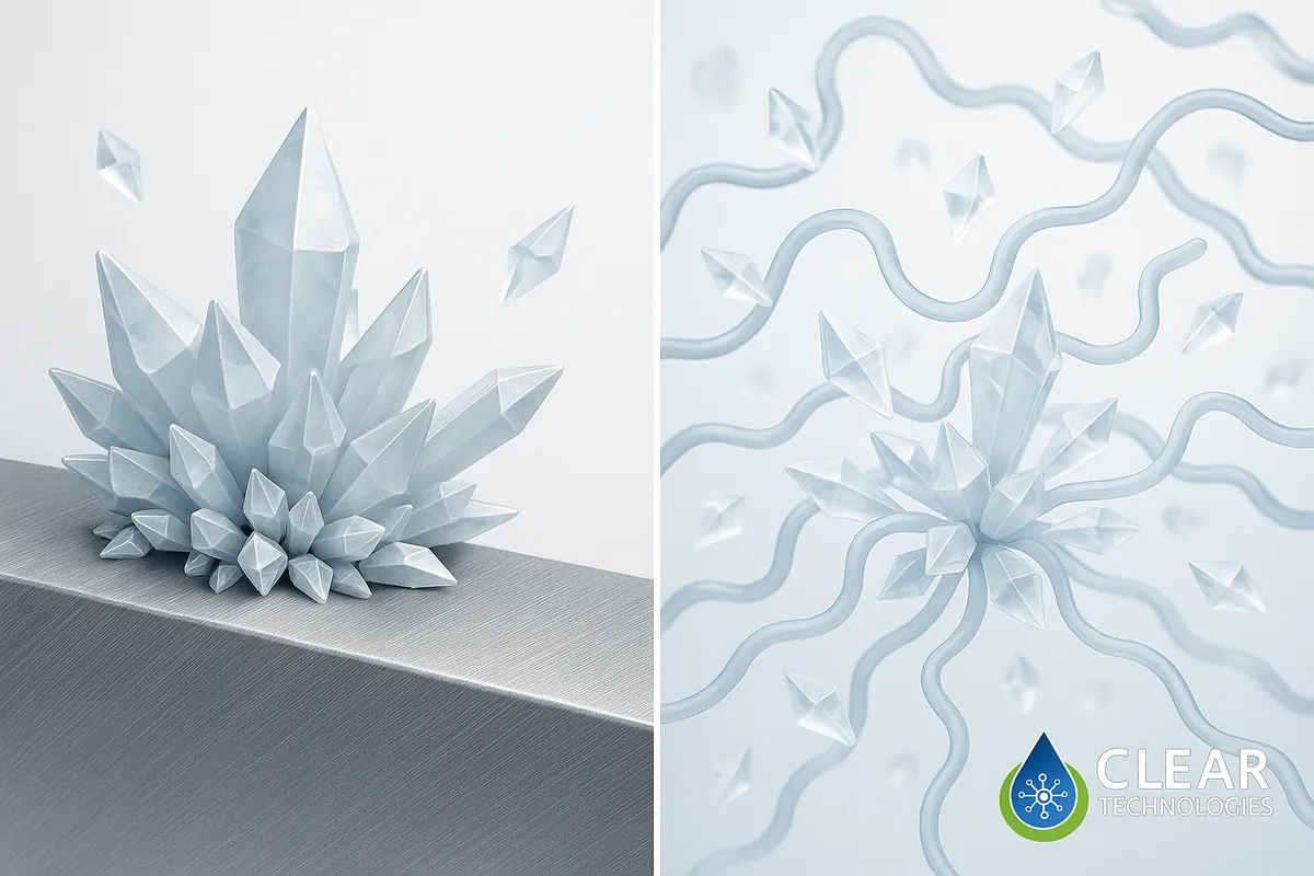 Análisis microscópico de la acción de polímeros antiincrustantes: se observa la distorsión de cristales de dureza y el acondicionamiento de lodos, previniendo la adherencia a la superficie metálica de la caldera.