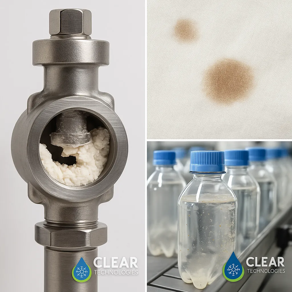 Análisis del impacto del arrastre de caldera (carryover): a la izquierda, depósitos de sólidos obstruyendo una válvula de vapor, y a la derecha, la contaminación resultante en un producto textil.