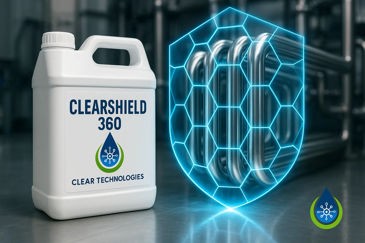 Bidón del antiincrustante ClearShield 360 generando un escudo protector sobre los tubos de una caldera industrial, simbolizando la máxima protección y eficiencia.