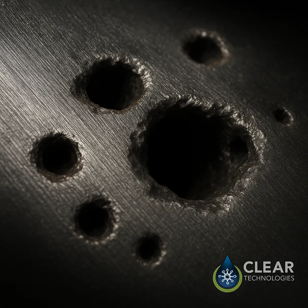 Análisis macrográfico de una falla en tubo de caldera, mostrando la corrosión por picaduras (pitting) que resulta del ataque por oxígeno y conduce a fallas catastróficas.