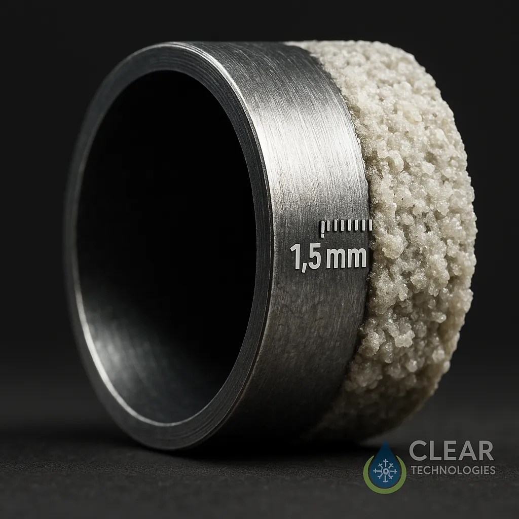 Corte transversal de un tubo de caldera industrial mostrando el contraste entre el metal limpio y una gruesa capa de 1.5 mm de incrustaciones minerales que reducen la eficiencia.