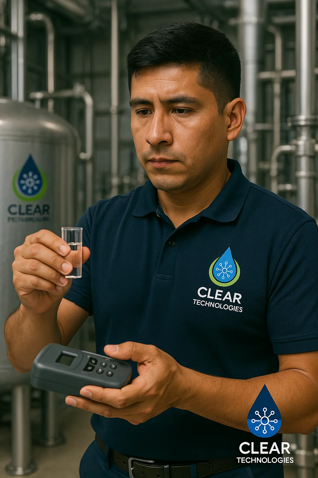 Ingeniero de Clear Technologies realizando un análisis de agua en planta, como parte del servicio técnico integral del programa de tratamiento para calderas en Perú.