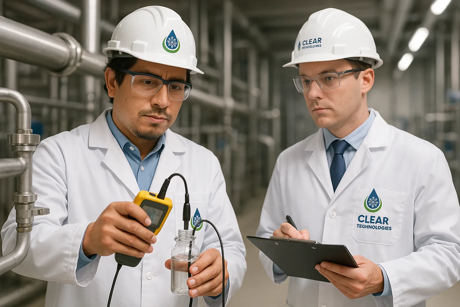 Ingenieros de Clear Technologies realizando un análisis de agua en una planta industrial en Lurín, Perú, para optimizar el tratamiento químico de una caldera.
