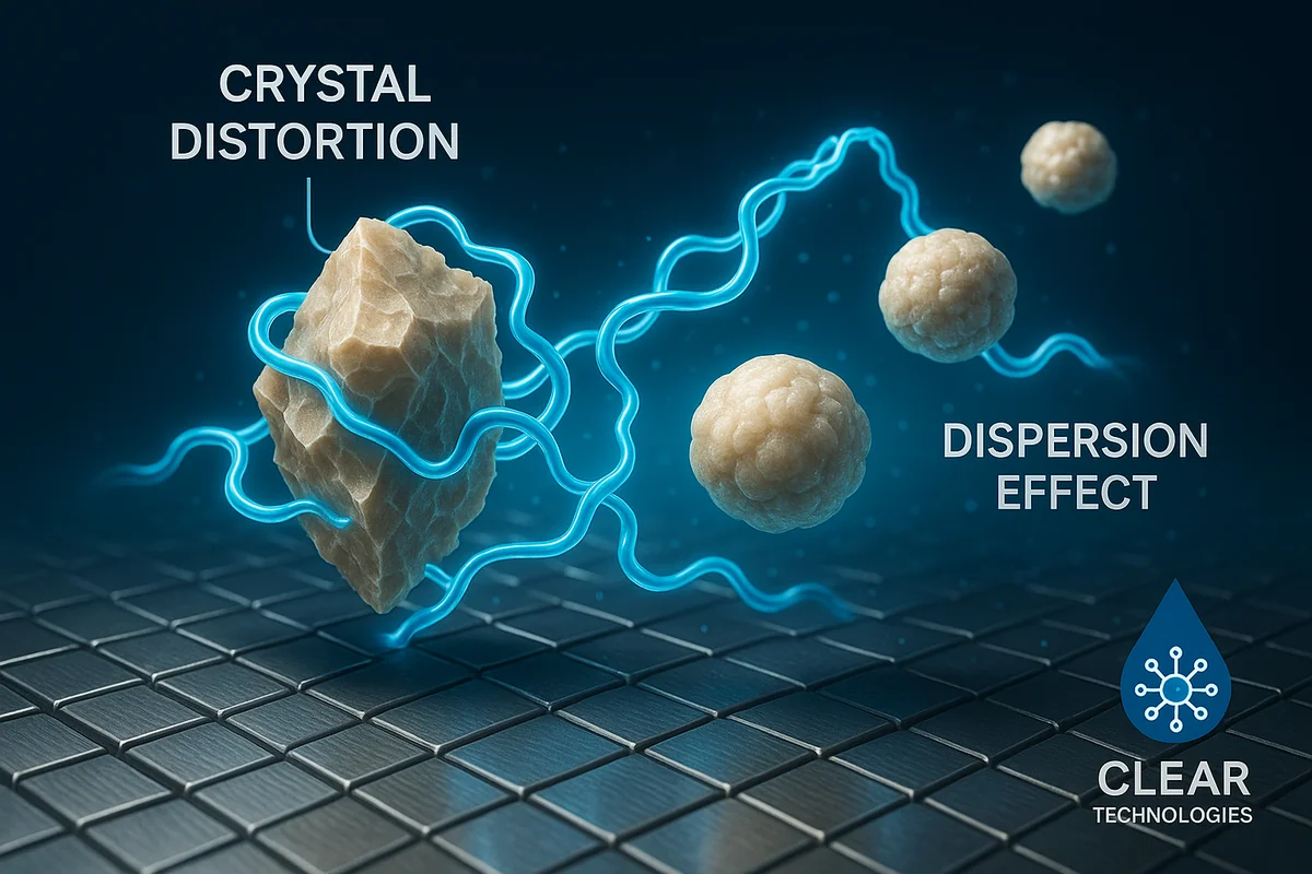Visualización microscópica del mecanismo de acción de ClearShield 360, mostrando polímeros que evitan la adhesión de cristales de sarro.
