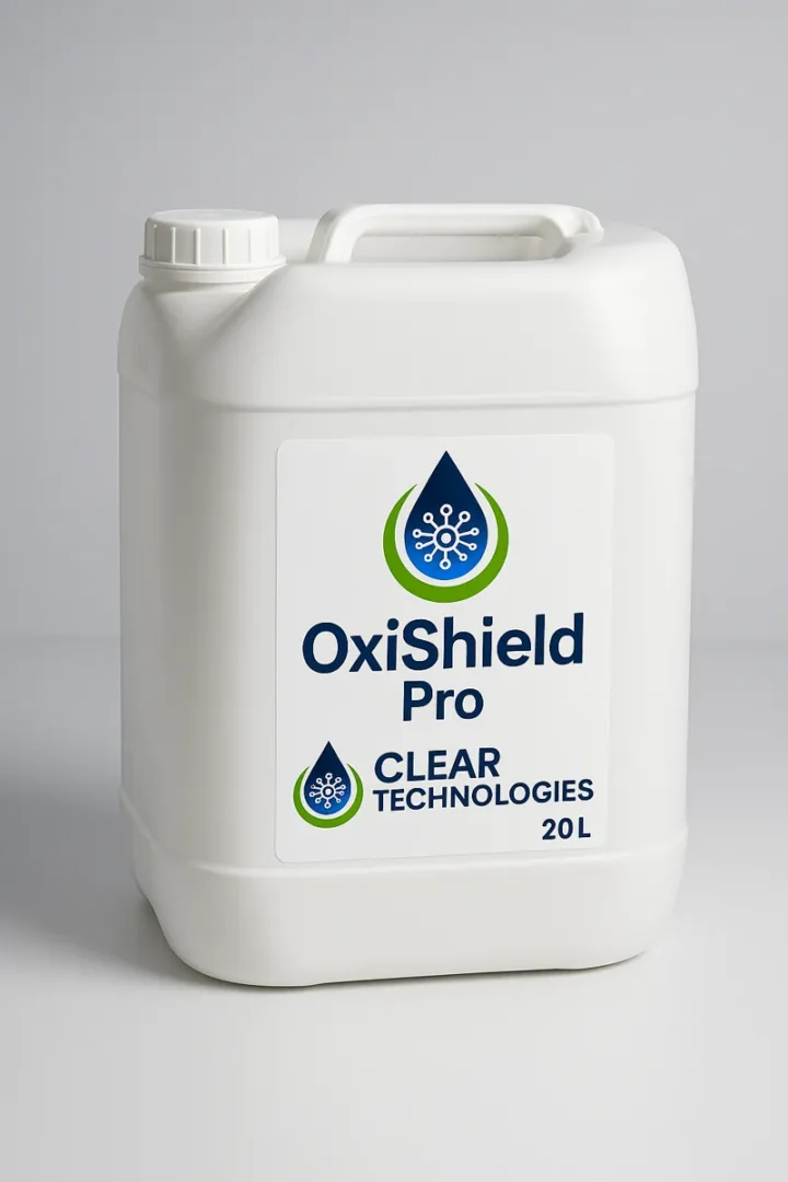 Bidón blanco profesional de OxiShield Pro, el tratamiento anticorrosivo para calderas industriales en Perú, formulado por Clear Technologies.