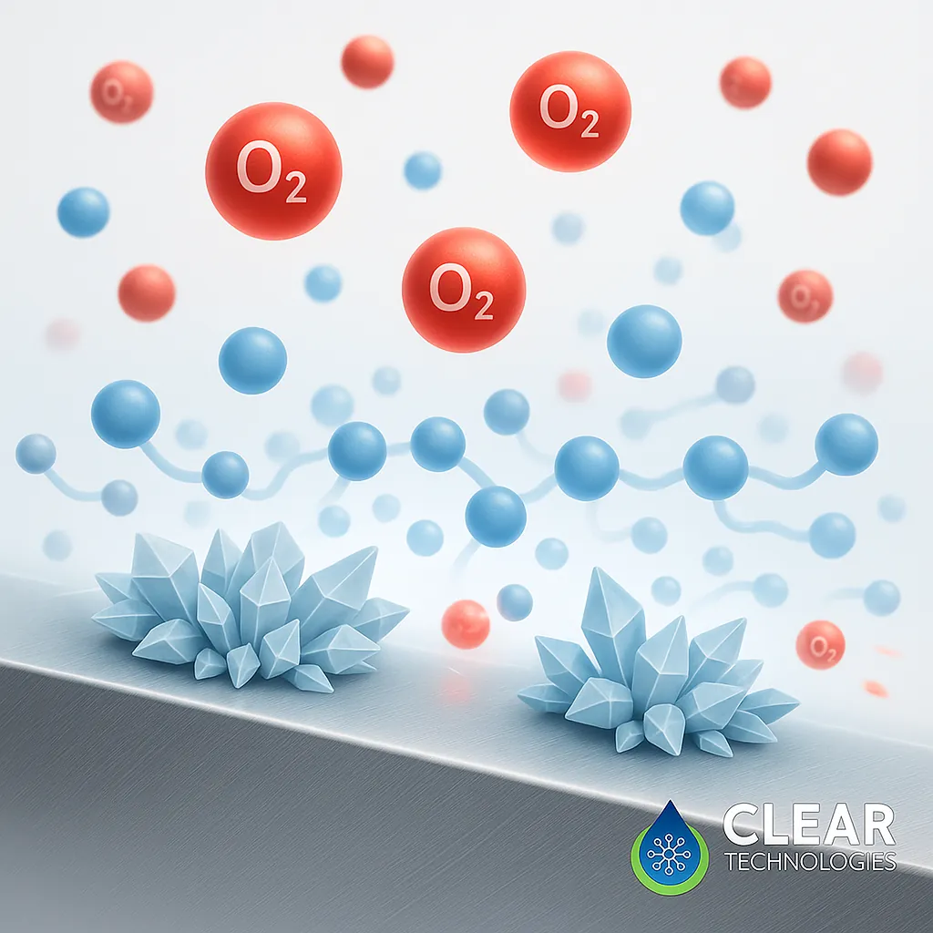 Ilustración de la acción del secuestrante de oxígeno OxiShield Pro, formando un escudo protector que neutraliza las moléculas de oxígeno y previene la corrosión por picaduras (pitting) en tubos de caldera.