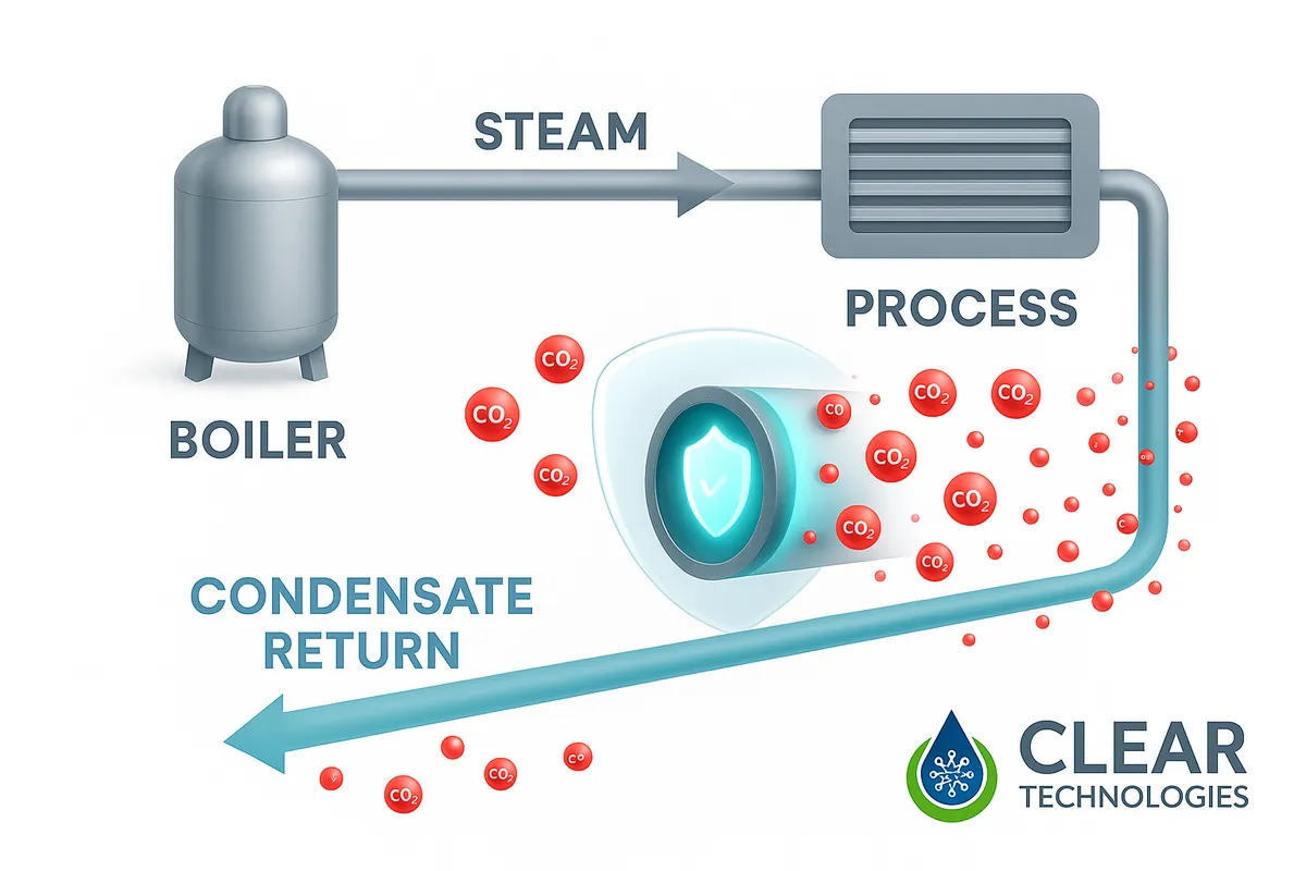 Diagrama del ciclo de vapor ilustrando cómo las aminas fílmicas de la línea SteamGuard protegen la línea de retorno de condensado de la corrosión por ácido carbónico causada por el arrastre de la caldera.