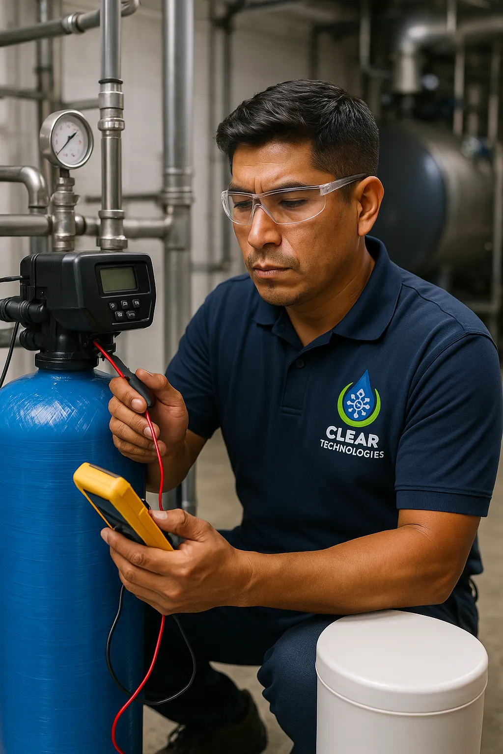 Técnico de Clear Technologies realizando el mantenimiento de un ablandador de agua industrial para calderas.